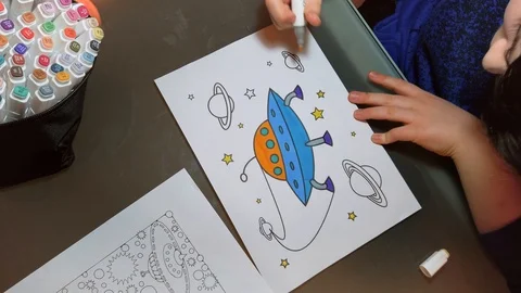 Child draws UFO in the space Stock Footage 124200657