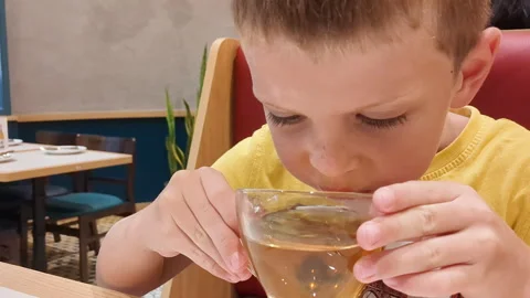 Child drink tea from transparent cup. Boy sipping herbal tea. Stock Footage 255288985