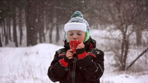 The child drinks a hot drink in the winter forest, the snow lies, it's snowing Stock Footage 88921487
