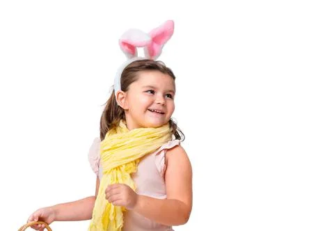 Child in Easter bunny ears turns around isolated Stock Photos