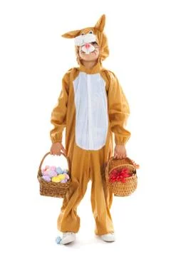 Child as easter hare with eggs and flowers Stock Photos