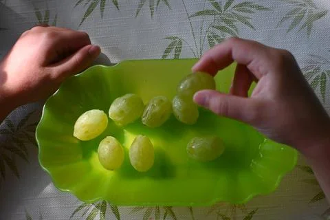 Child eating grapes at a table Stock-Fotos