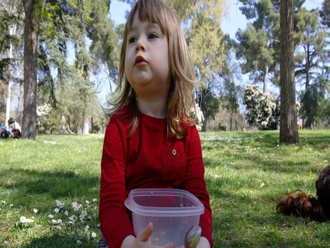Child eating with spoon from plastic container in park Vídeos de archivo 73987804