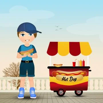 Child eats the hot dog Stock Illustration