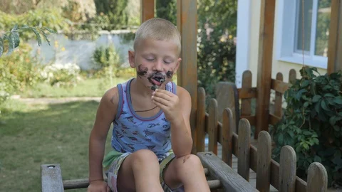 Child eats ice cream. boy smeared his face with food. Kid eating ice cream from Stock Footage 98953898