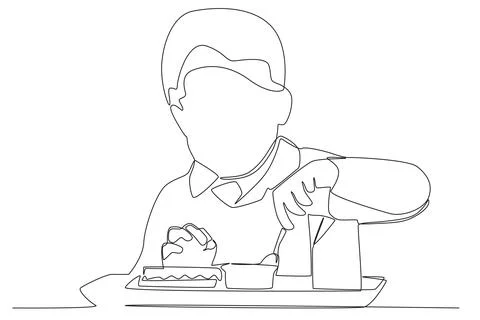 A child eats lunch with gusto one line drawing Stock Illustration