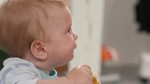 The child eats pieces of bread Stock Footage 336334330
