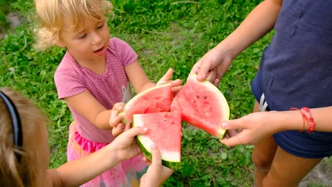Child eats watermelon in the garden. Selective focus. Stock Footage 262982462