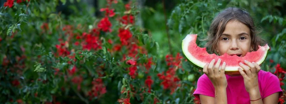 A child eats a watermelon. Selective focus. Stock Photos