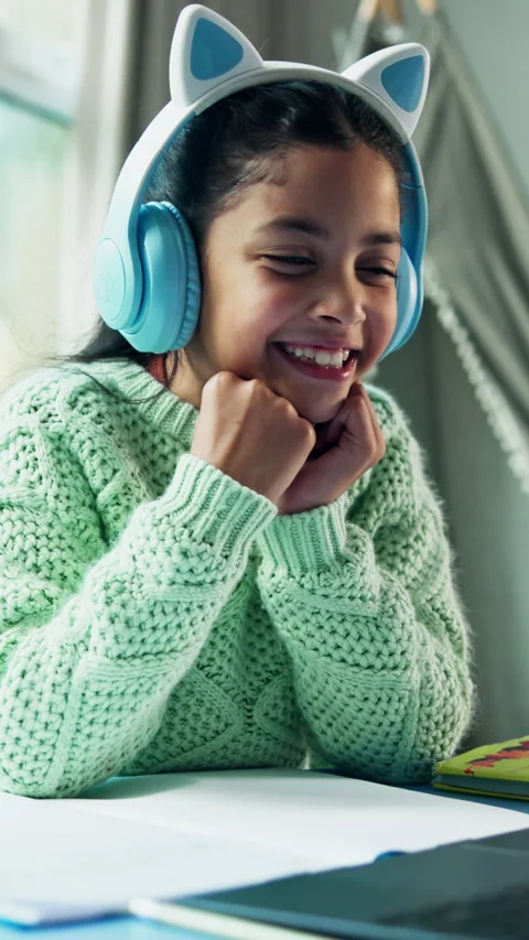 Child, elearning and laptop with headphones for video call, wave and knowledge Stock Footage 338107285