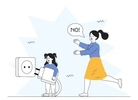 Child with electrical socket. Mother tries to stop her daughter putting plug Stock Illustration