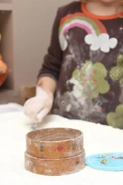 Child engaged in creative baking activity at home kitchen with flour and to.. Stock Photos