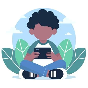 Child Engaging with Tablet, Natural Setting, Illustration Art Stock Illustration