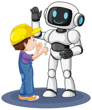 Child Engineer Giving High Five to Friendly Robot Stock Illustration