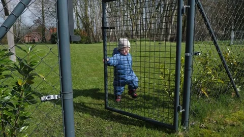 Child enthusiastically exploring metal gate in garden Stock Footage 311897139
