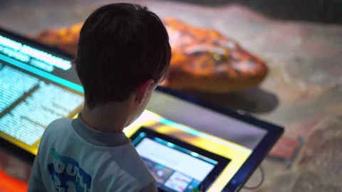 The child examines the interactive whiteboard in the oceanarium Stock Footage 187839849