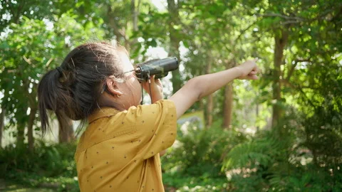 Child exploring forest with binoculars and pointing ahead Stock Footage 306727994