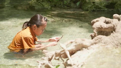 Child exploring natural object in forest stream with focused curiosity Stock Footage 306740710