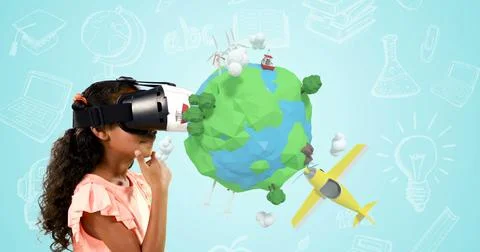 Child exploring virtual reality with VR headset, engaging with interactive 3D Stock Photos