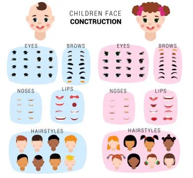 Child face constructor kids character of girl or boy avatar creation head lips Illustrazione stock