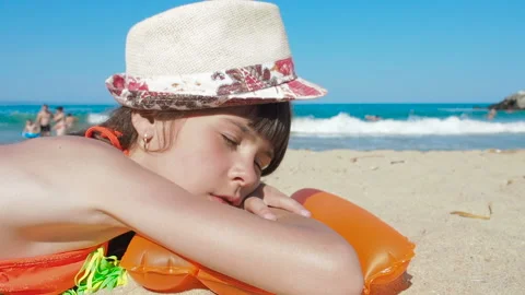 Child fall asleep on beach. Stock Footage 101485276