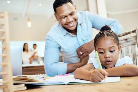 Child, father and support while doing homework, learning and doing school work 스톡 사진