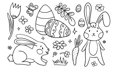 Child-friendly Easter line art featuring bunnies, eggs, flowers, and a butterfly Stock Illustration