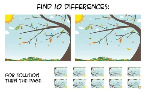 Child game - find 10 differences in pictures with autumn tree landscape Stock Illustration
