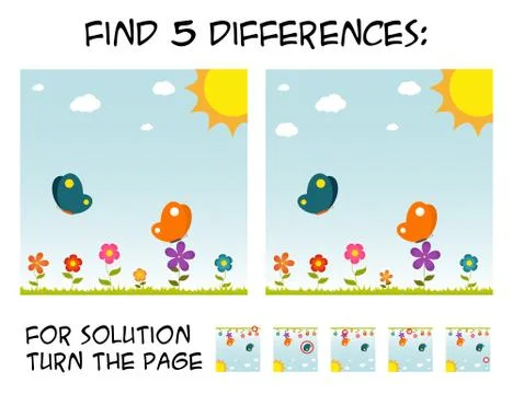 Child game - find 5 differences in pictures with natural theme - butterflies  Stock Illustration