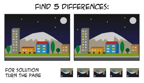 Child game - find 5 differences in pictures with night landscape theme Stock Illustration