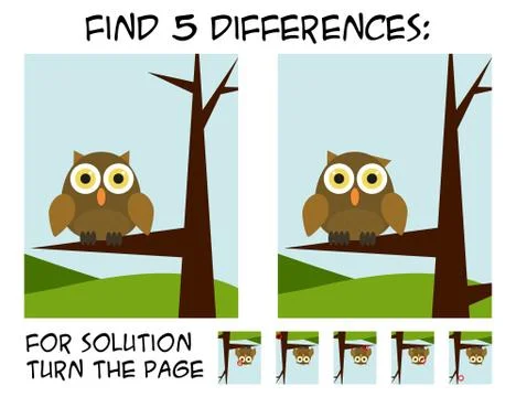 Child game - find 5 differences in pictures with natural theme - owl sitting  Stock Illustration
