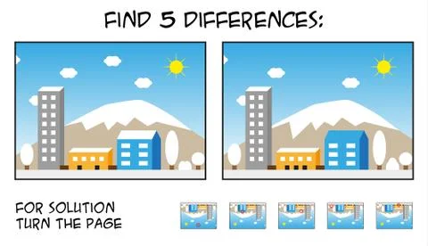 Child game - find 5 differences in pictures with city landscape theme during  Stock Illustration