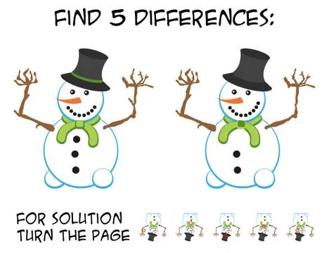 Child game - find 5 differences in pictures with cute smiling snowman Stock Illustration