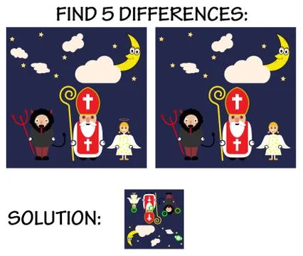Child game - find 5 differences in pictures, with solution, Cute cartoon gree Stock Illustration