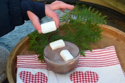 The child gets marshmallows and cups of cocoa. Stock Photos