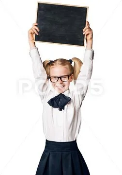 Child Girl Advertising School Blackboard, Kid in Glasses Raised Up Advert Stock Photos