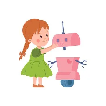 Child girl constructing smart robot machine flat vector illustration isolated. Stockillustratie