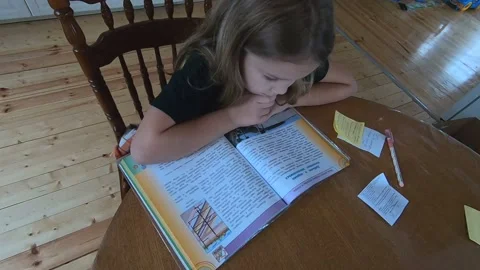 Child girl does a school assignment from a textbook at home sitting at a tabl Vídeo Stock 167722049