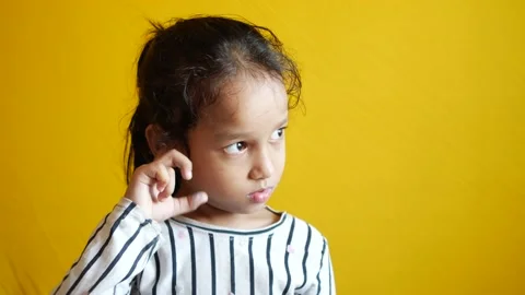 Child Girl Having Ear Pain Touching His  