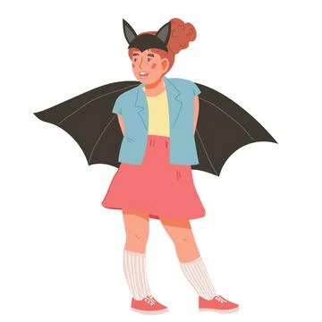Child girl of preschool age in Halloween costume of bat, flat cartoon vector  Stock Illustration