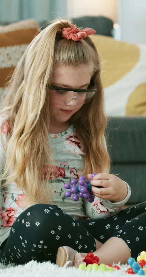 Child, glasses and knowledge with molecular structure, learn or development with Stock Footage 336741000