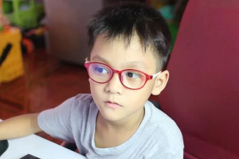 Child with glasses focused on computer screen Stock Photos