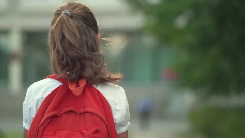 Child goes back to school. Cute pupil with backpack. Girl in safety masks looks Stock Footage 136101033