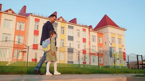 Child goes class school building learn knowledge, happy family concept, kid Stock Footage 270502906