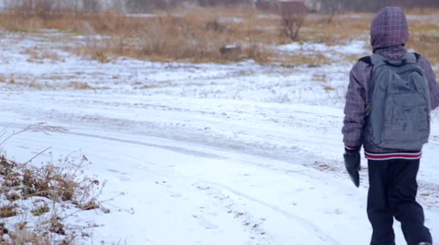The child goes on a winter road through the fields. Stock Footage 46529246