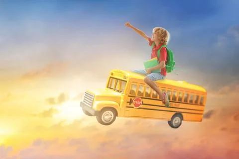 Child going back to school. Boy on school bus. Stock Photos