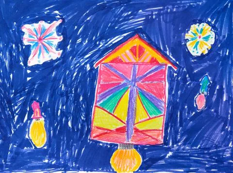 A child hand drawing of firework rockets exploding Illustrazione stock