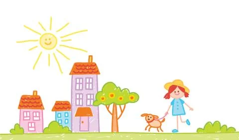 Child hand drawn illusration with sun, tree, buildings, dog and girl. イラスト素材