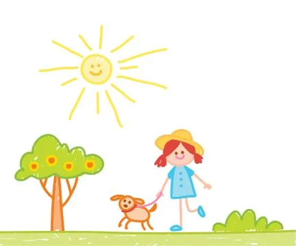 Child hand drawn illusration with sun, tree, buildings, dog and girl. Stock Illustration