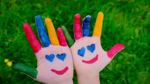 Child hand painted with paints. Selective focus. Stock Footage 155054052